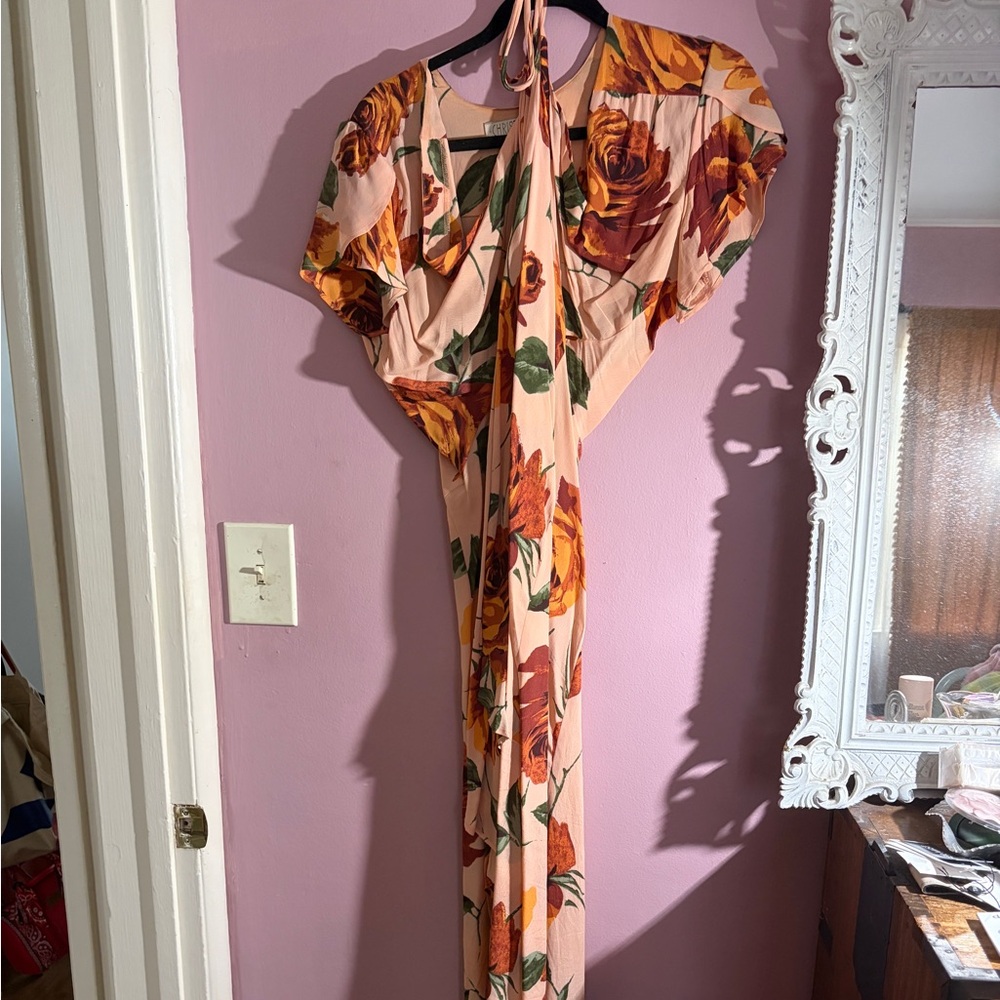 Christy Dawn Peach Floral Maxi Dress with Orange and Green Print